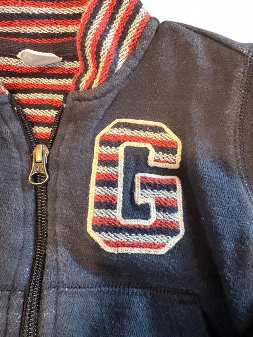 Navy Zip-Up Baby Gap Jacket with Striped Collar and 'G' Patch 12-18 months
